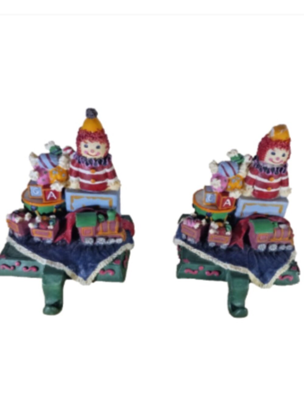 Dayton Hudson Set 2 Christmas Stocking Holders Clown Toy Train Heavy Resin